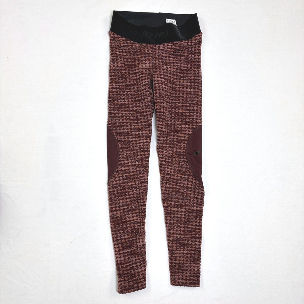 Nike Pro Hyperwarm Leggings Womens Small Burgundy Textured Fleece Baselayer